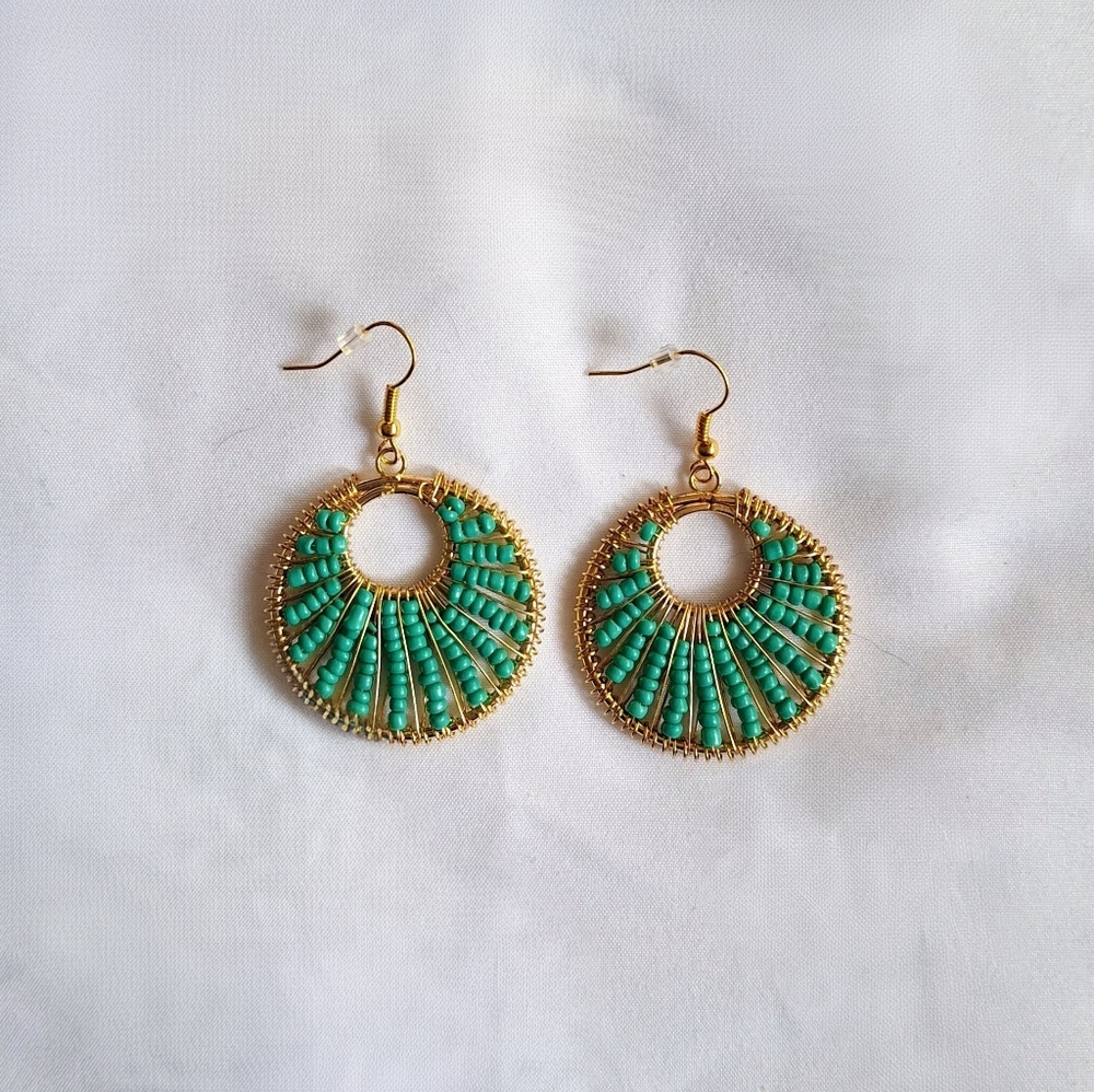 Gold-Tone Hoop Earrings with Turquoise Bead Accents
